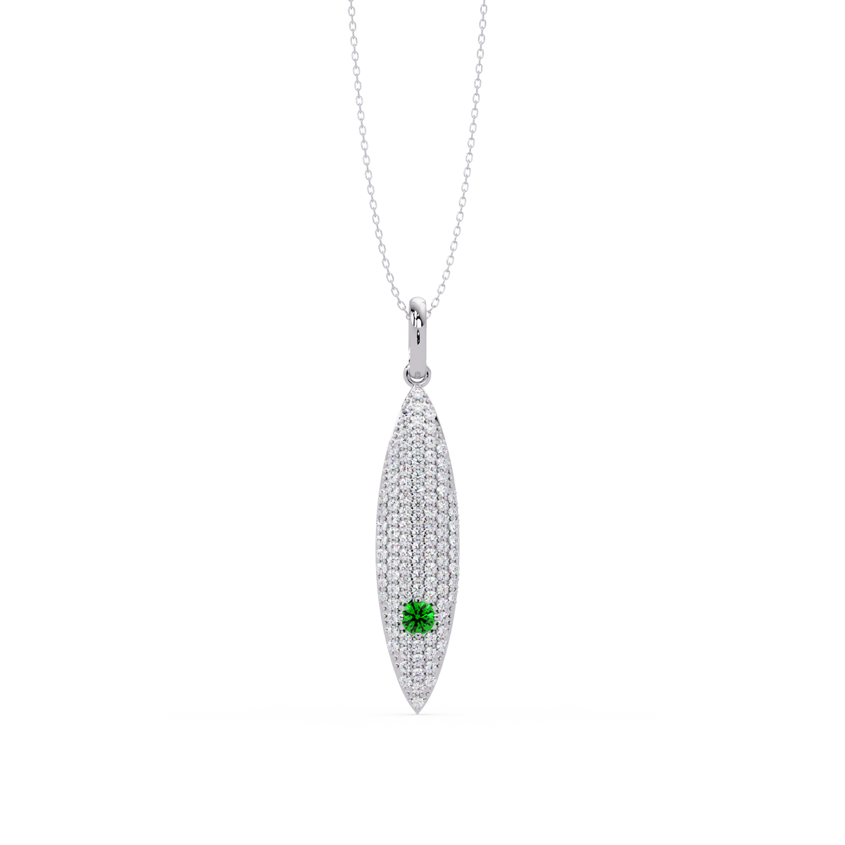 0.8 CTW Round Pavé Marquise Leaf Colorstone Pendant Necklace — Emerald Deep Green — 14K White Gold