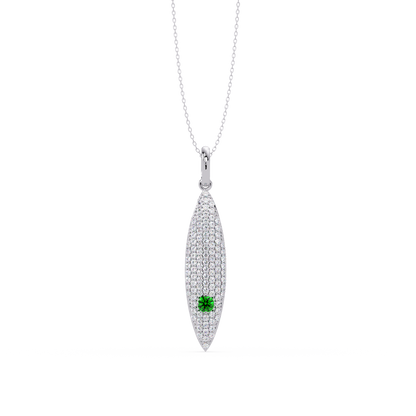 0.8 CTW Round Pavé Marquise Leaf Colorstone Pendant Necklace — Emerald Deep Green — 14K White Gold