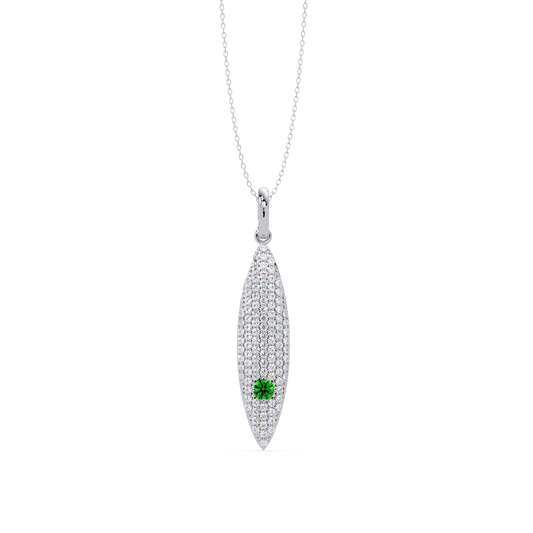 0.8 CTW Round Pavé Marquise Leaf Colorstone Pendant Necklace — Emerald Deep Green — 14K White Gold