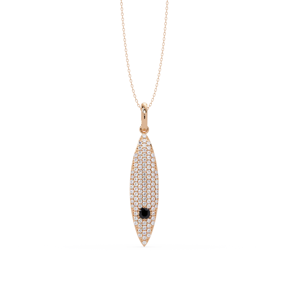 0.8 CTW Round Pavé Marquise Leaf Colorstone Pendant Necklace — Onyx Black — 14K Rose Gold