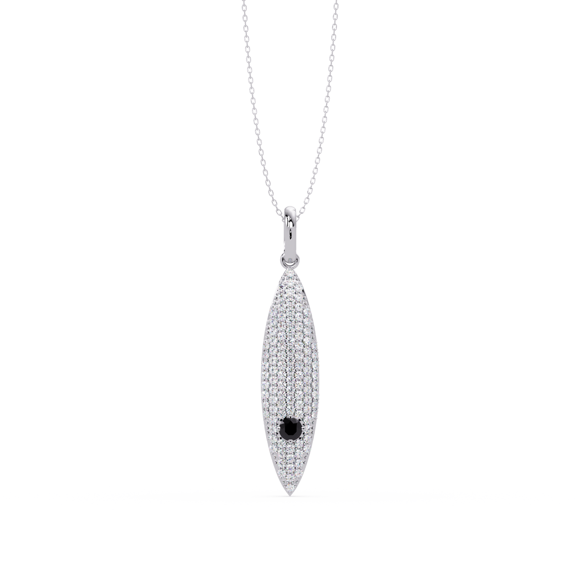 0.8 CTW Round Pavé Marquise Leaf Colorstone Pendant Necklace — Onyx Black — 14K White Gold