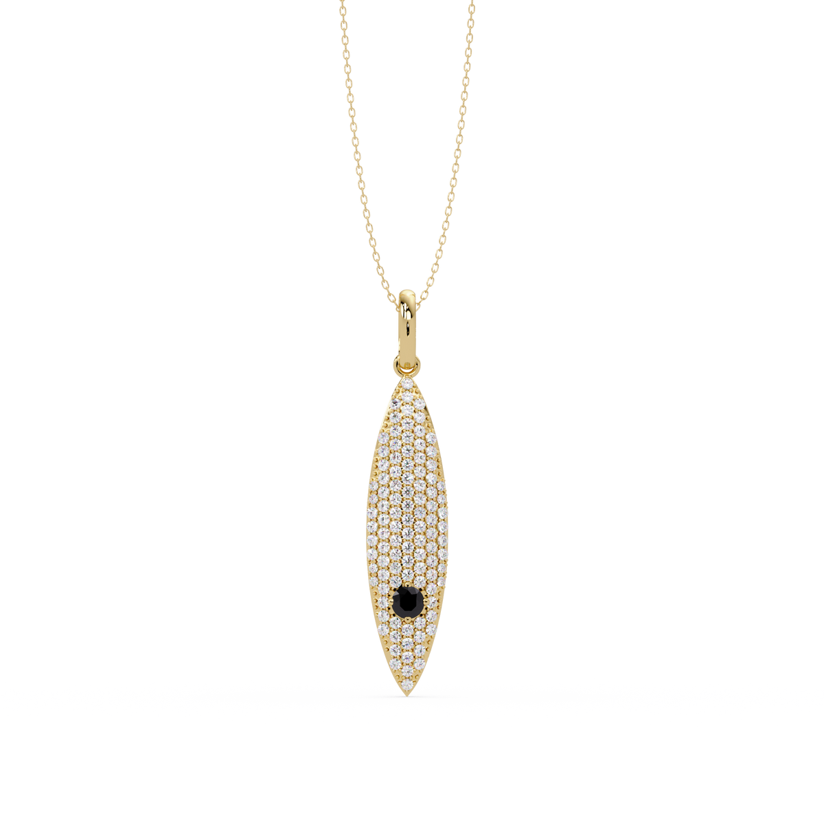 0.8 CTW Round Pavé Marquise Leaf Colorstone Pendant Necklace — Onyx Black — 14K Yellow Gold