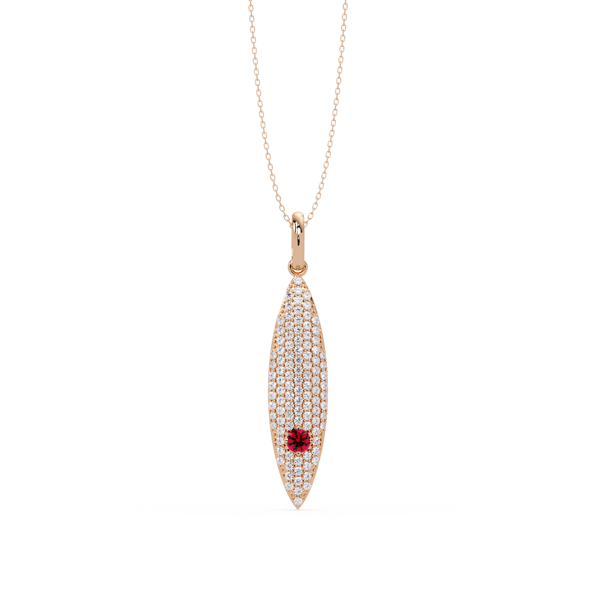 0.8 CTW Round Pavé Marquise Leaf Colorstone Pendant Necklace — Ruby Deep Red — 14K Rose Gold