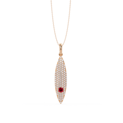 0.8 CTW Round Pavé Marquise Leaf Colorstone Pendant Necklace — Ruby Deep Red — 14K Rose Gold