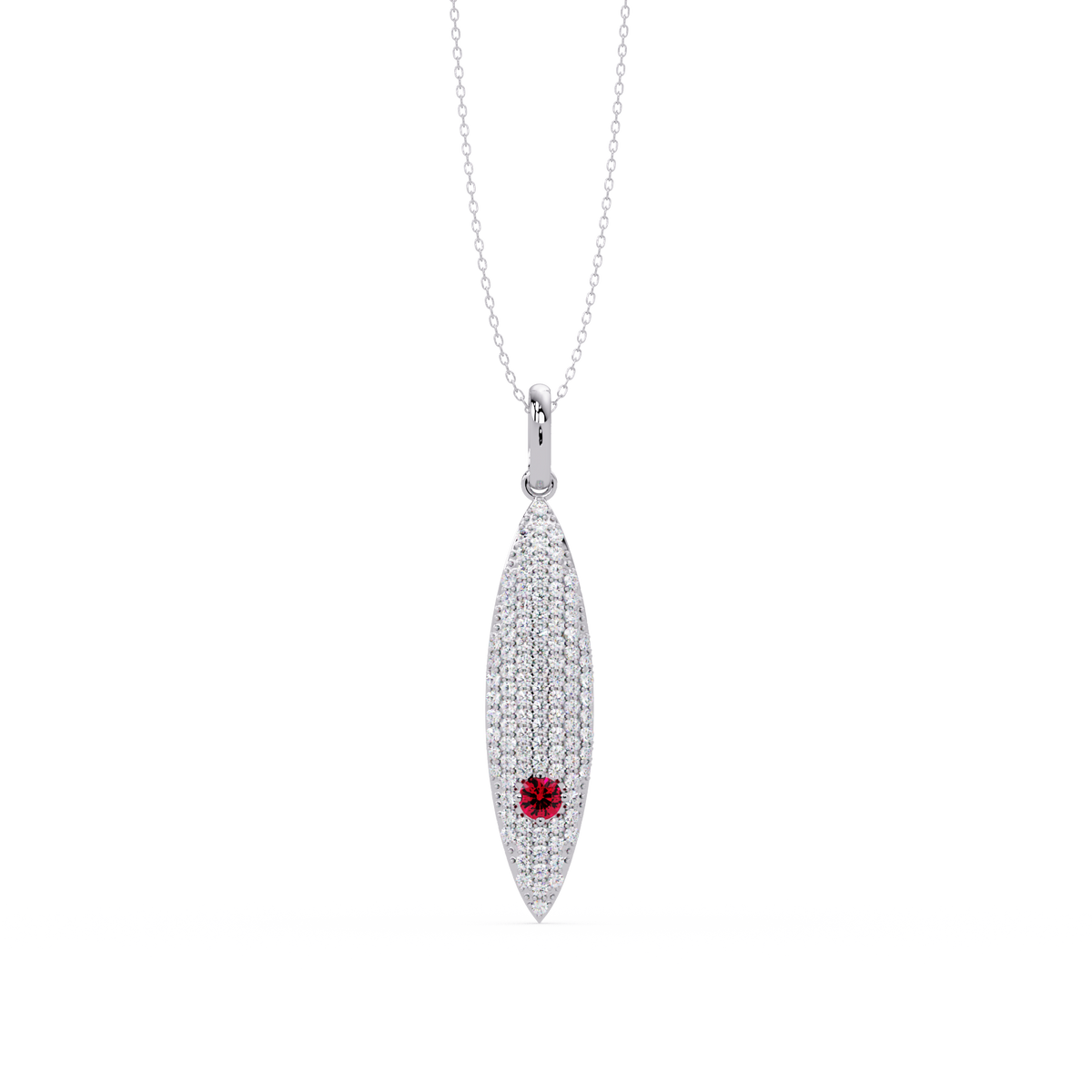 0.8 CTW Round Pavé Marquise Leaf Colorstone Pendant Necklace — Ruby Deep Red — 14K White Gold