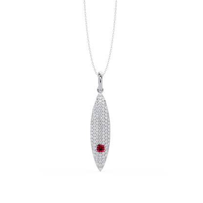 0.8 CTW Round Pavé Marquise Leaf Colorstone Pendant Necklace — Ruby Deep Red — 14K White Gold