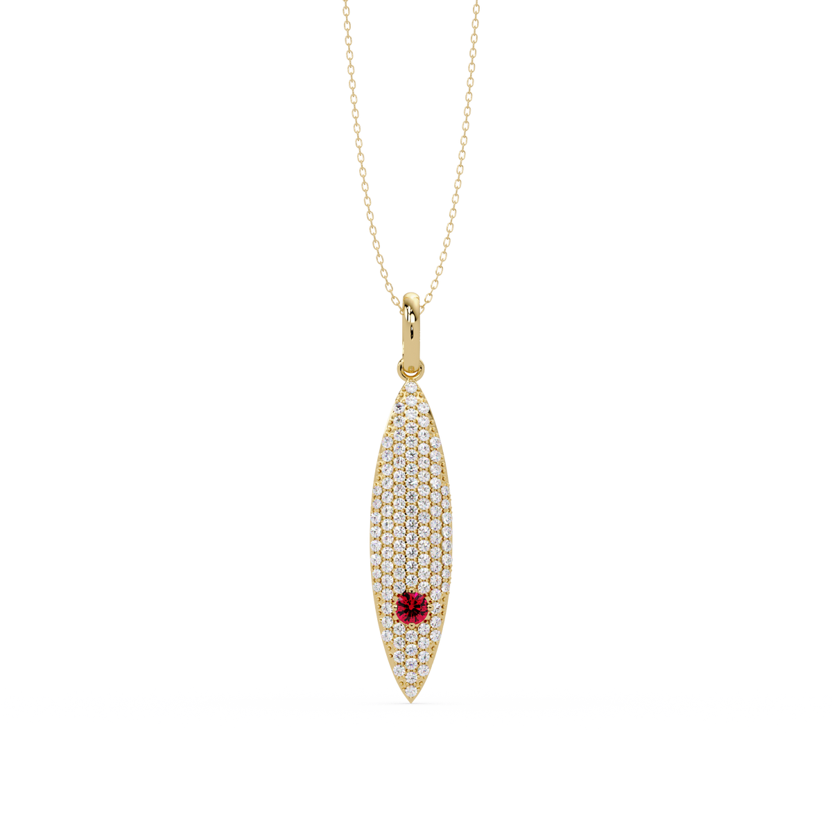 0.8 CTW Round Pavé Marquise Leaf Colorstone Pendant Necklace — Ruby Deep Red — 14K Yellow Gold