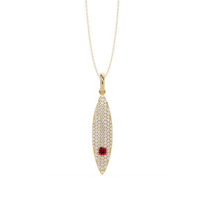 0.8 CTW Round Pavé Marquise Leaf Colorstone Pendant Necklace — Ruby Deep Red — 14K Yellow Gold
