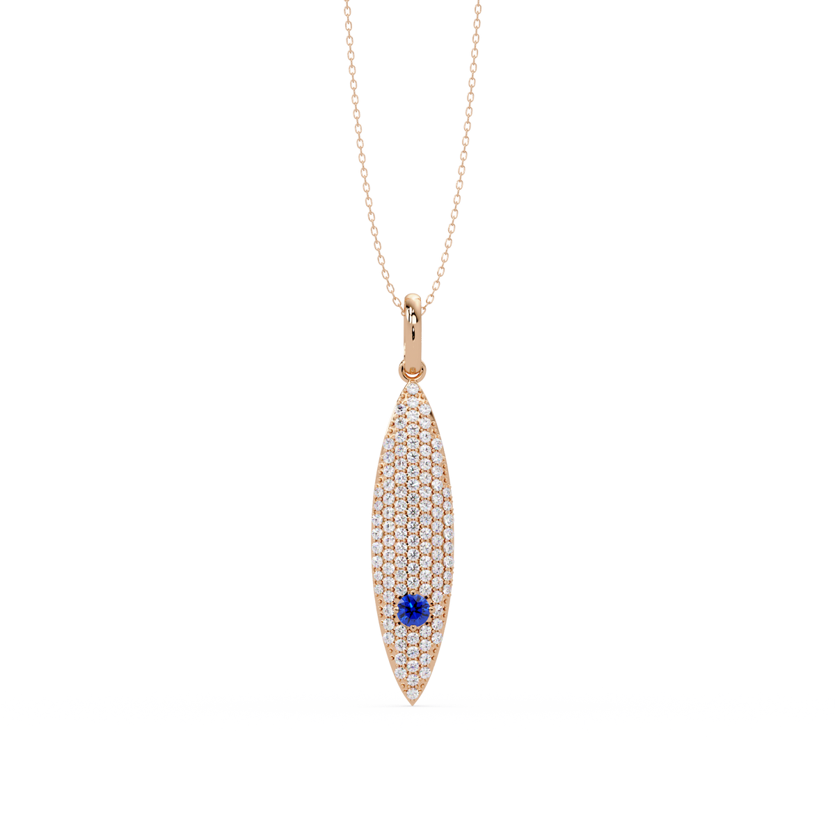 0.8 CTW Round Pavé Marquise Leaf Colorstone Pendant Necklace — Sapphire Royal Blue — 14K Rose Gold