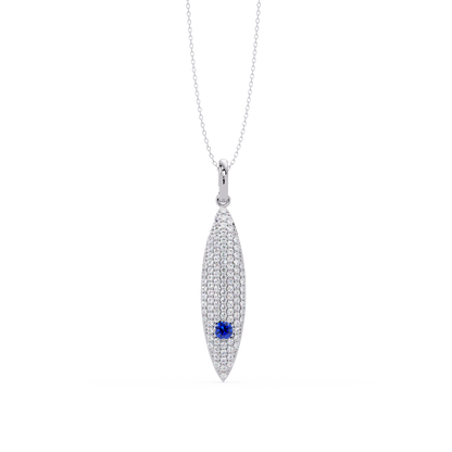 0.8 CTW Round Pavé Marquise Leaf Colorstone Pendant Necklace — Sapphire Royal Blue — 14K White Gold
