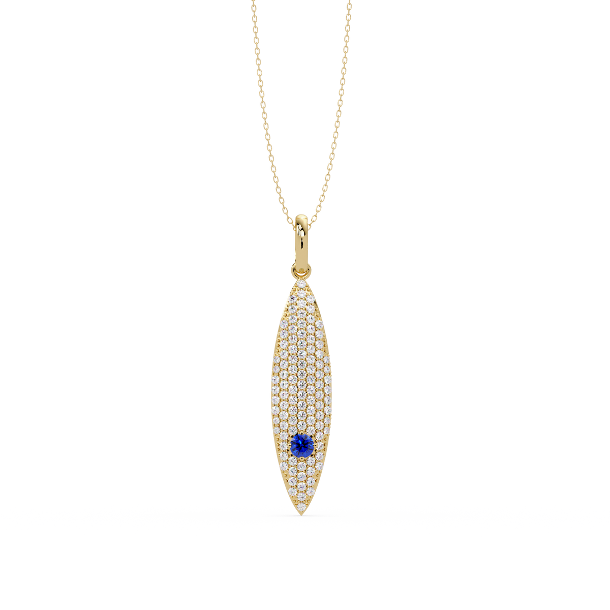 0.8 CTW Round Pavé Marquise Leaf Colorstone Pendant Necklace — Sapphire Royal Blue — 14K Yellow Gold