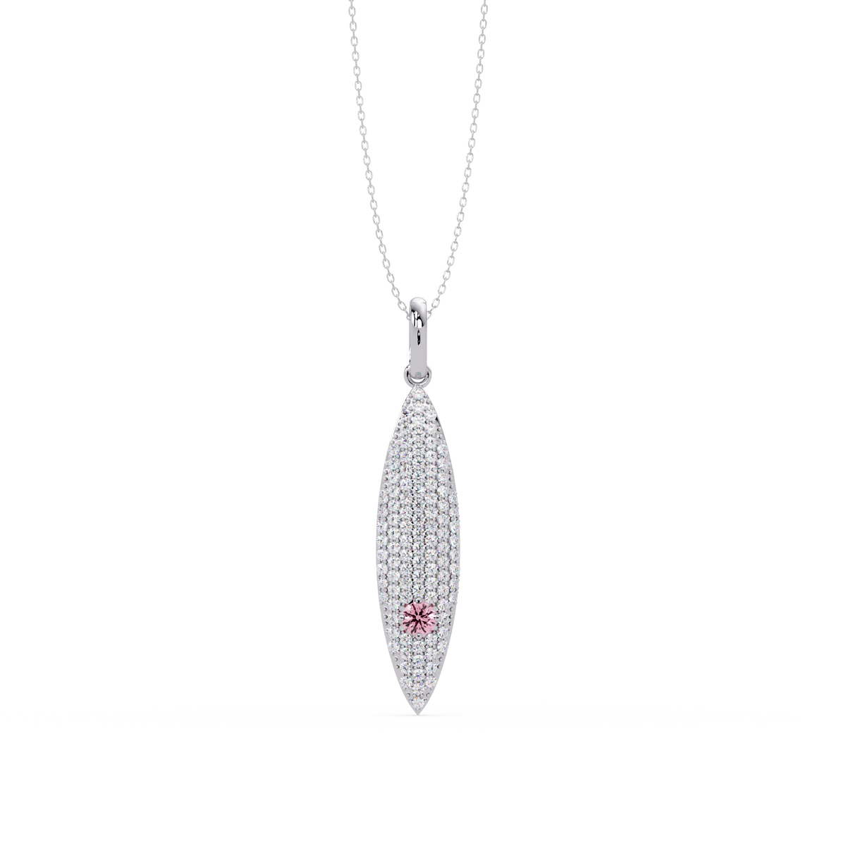 0.8 CTW Round Pavé Marquise Leaf Colorstone Pendant Necklace — Tourmaline Rose Pink — 14K White Gold