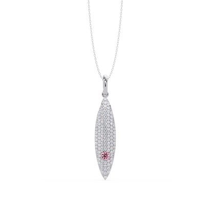 0.8 CTW Round Pavé Marquise Leaf Colorstone Pendant Necklace — Tourmaline Rose Pink — 14K White Gold