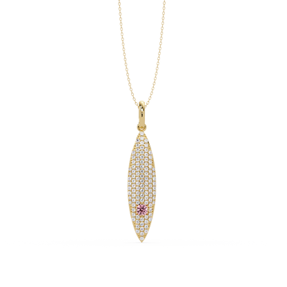 0.8 CTW Round Pavé Marquise Leaf Colorstone Pendant Necklace — Tourmaline Rose Pink — 14K Yellow Gold