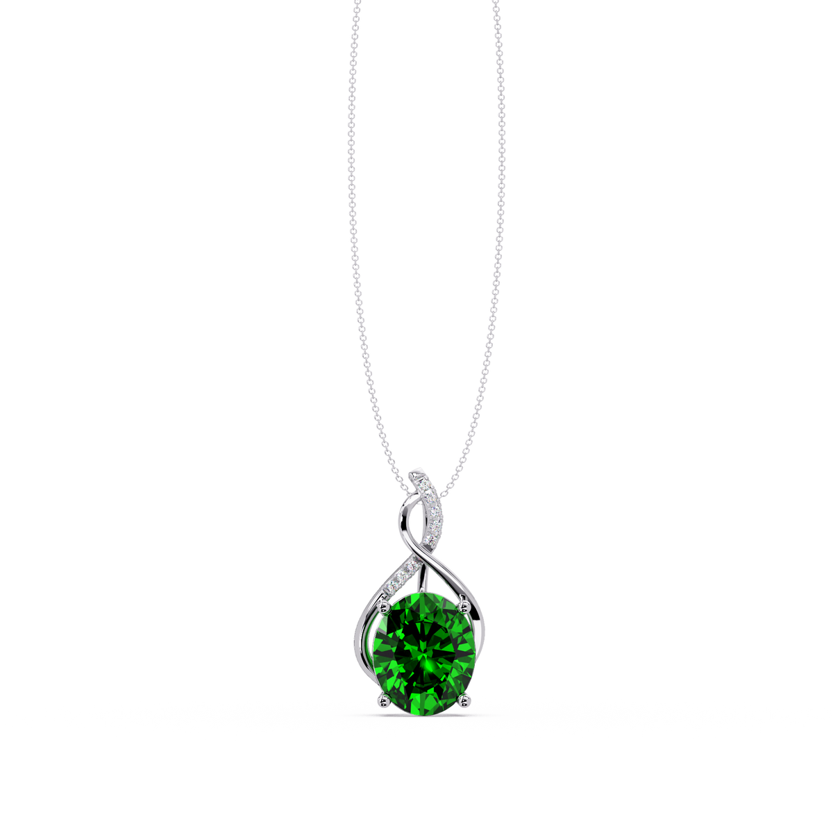 4.9 CTW Oval Twist Colorstone Pendant Necklace — Emerald Deep Green — 14K White Gold