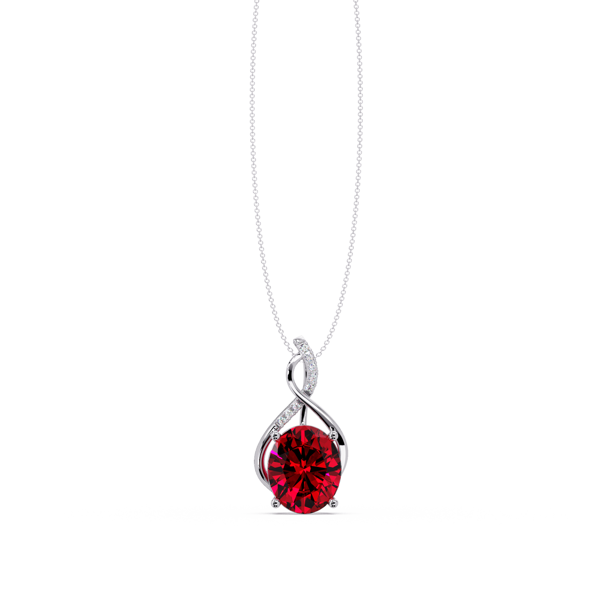 4.9 CTW Oval Twist Colorstone Pendant Necklace — Ruby Deep Red — 14K White Gold