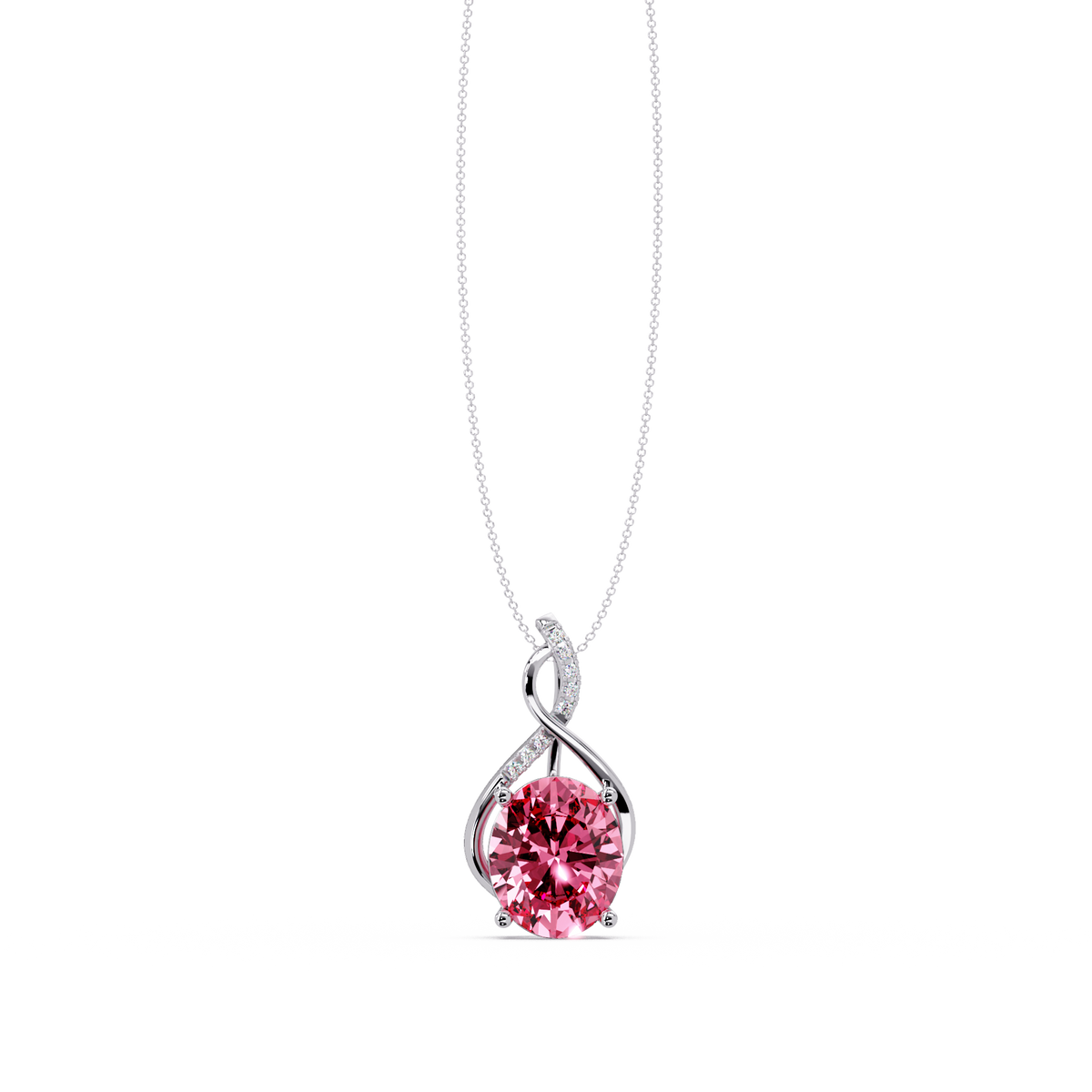 4.9 CTW Oval Twist Colorstone Pendant Necklace — Tourmaline Rose Pink — 14K White Gold