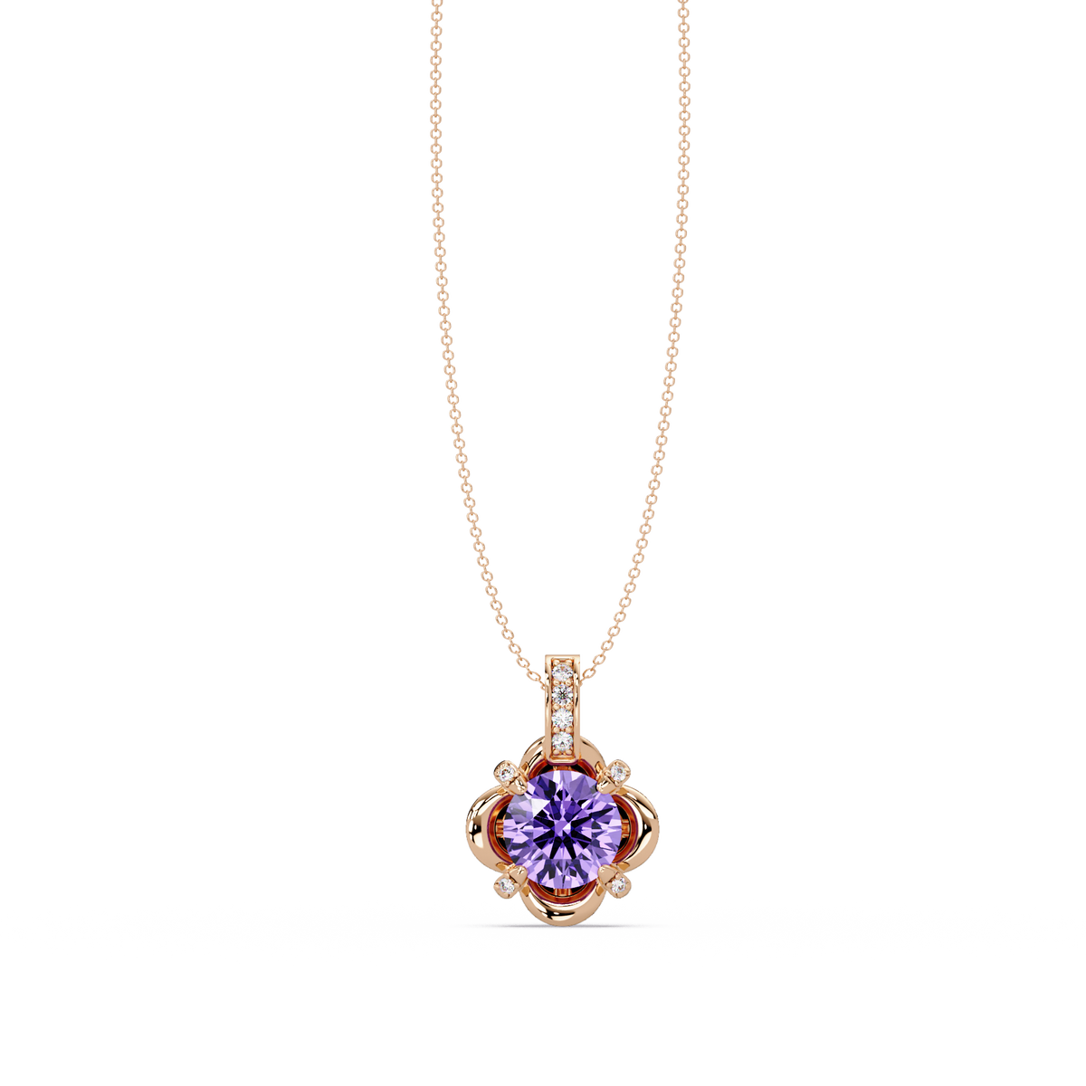 1.4 CTW Round Floral Frame Colorstone Pendant Necklace — Amethyst Lavender — 14K Rose Gold