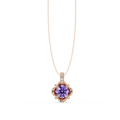 1.4 CTW Round Floral Frame Colorstone Pendant Necklace — Amethyst Lavender — 14K Rose Gold