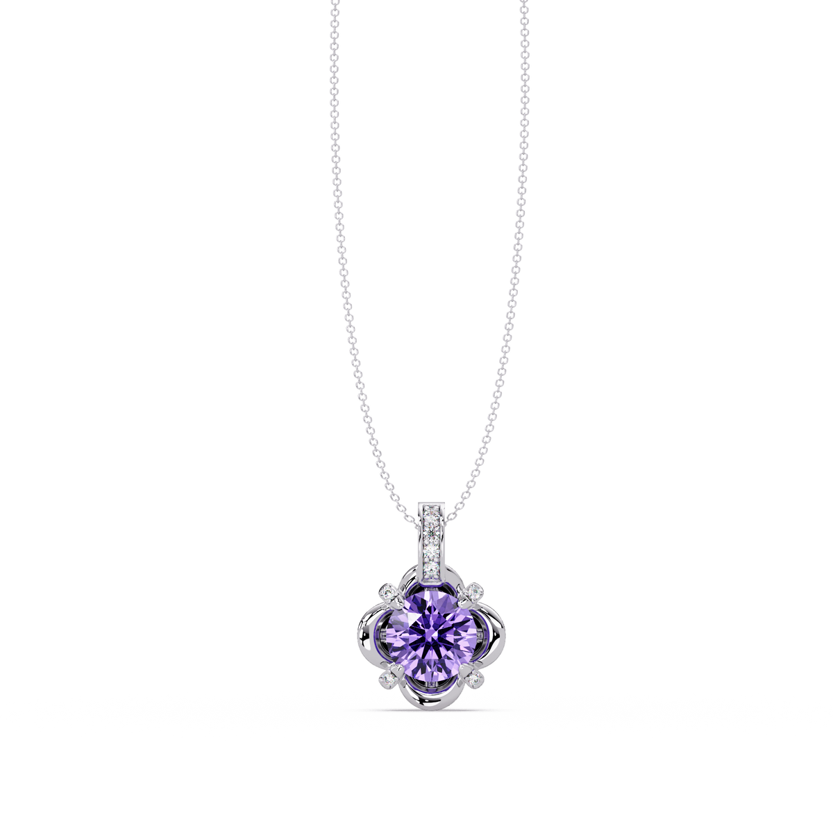 1.4 CTW Round Floral Frame Colorstone Pendant Necklace — Amethyst Lavender — 14K White Gold