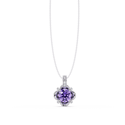 1.4 CTW Round Floral Frame Colorstone Pendant Necklace — Amethyst Lavender — 14K White Gold
