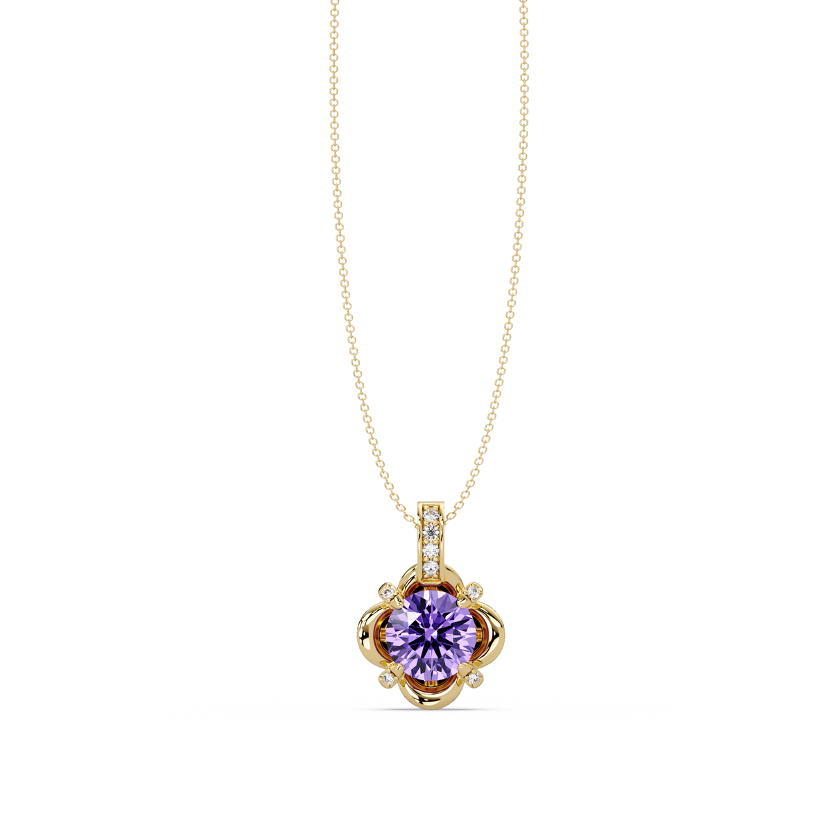 1.4 CTW Round Floral Frame Colorstone Pendant Necklace — Amethyst Lavender — 14K Yellow Gold