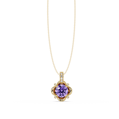 1.4 CTW Round Floral Frame Colorstone Pendant Necklace — Amethyst Lavender — 14K Yellow Gold
