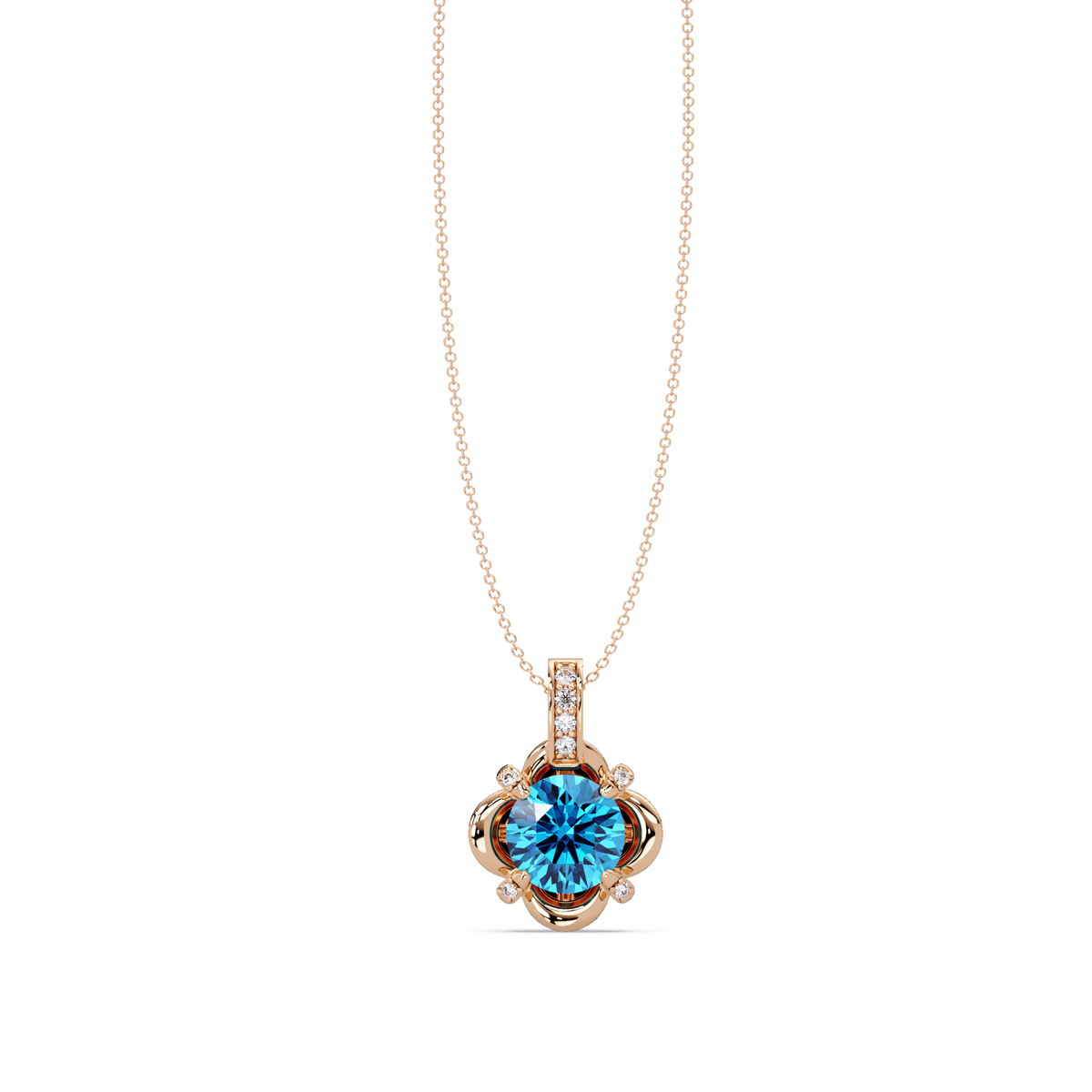 1.4 CTW Round Floral Frame Colorstone Pendant Necklace — Aquamarine Sky Blue — 14K Rose Gold