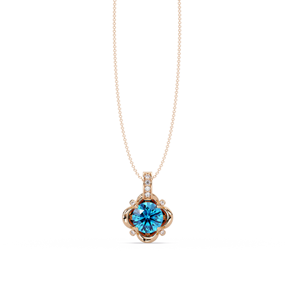 1.4 CTW Round Floral Frame Colorstone Pendant Necklace — Aquamarine Sky Blue — 14K Rose Gold