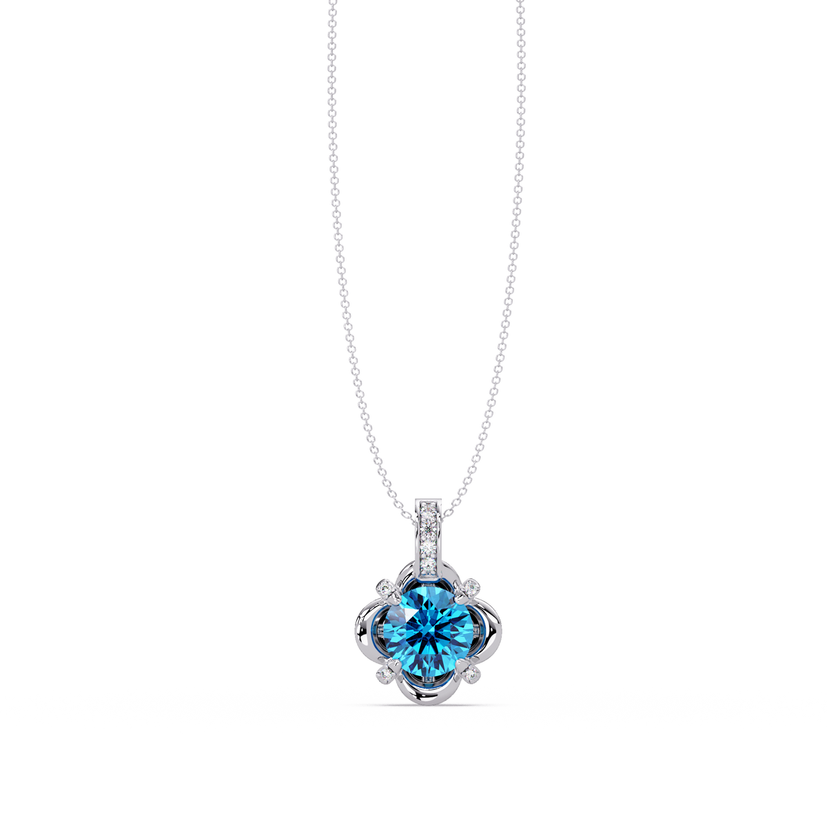 1.4 CTW Round Floral Frame Colorstone Pendant Necklace — Aquamarine Sky Blue — 14K White Gold