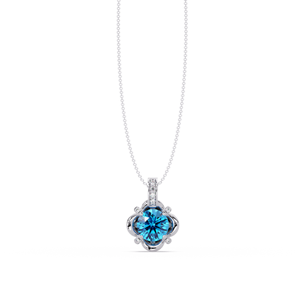 1.4 CTW Round Floral Frame Colorstone Pendant Necklace — Aquamarine Sky Blue — 14K White Gold