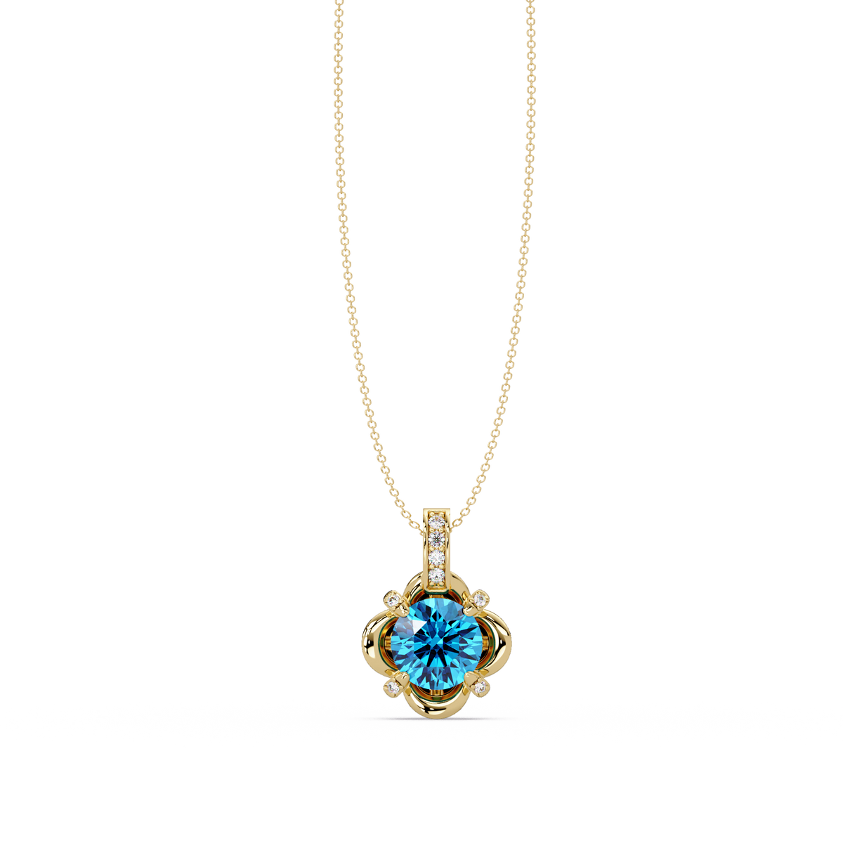 1.4 CTW Round Floral Frame Colorstone Pendant Necklace — Aquamarine Sky Blue — 14K Yellow Gold