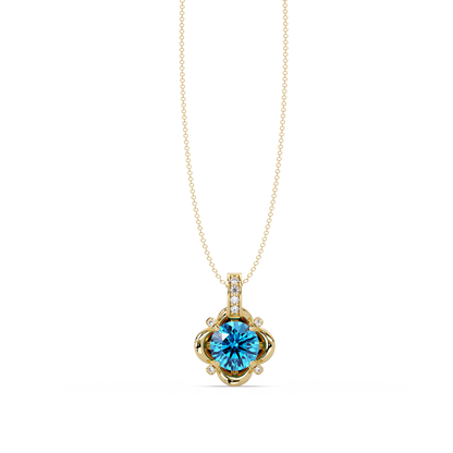 1.4 CTW Round Floral Frame Colorstone Pendant Necklace — Aquamarine Sky Blue — 14K Yellow Gold