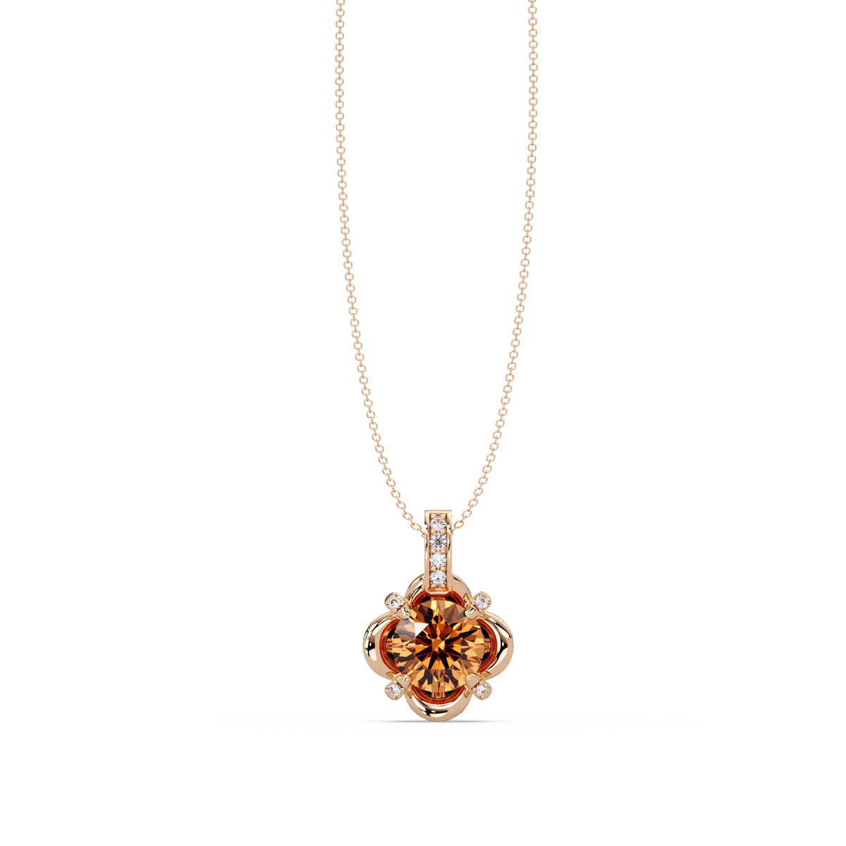 1.4 CTW Round Floral Frame Colorstone Pendant Necklace — Champagne Topaz Amber — 14K Rose Gold