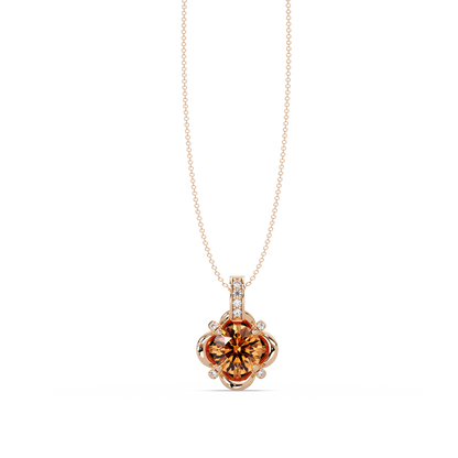 1.4 CTW Round Floral Frame Colorstone Pendant Necklace — Champagne Topaz Amber — 14K Rose Gold