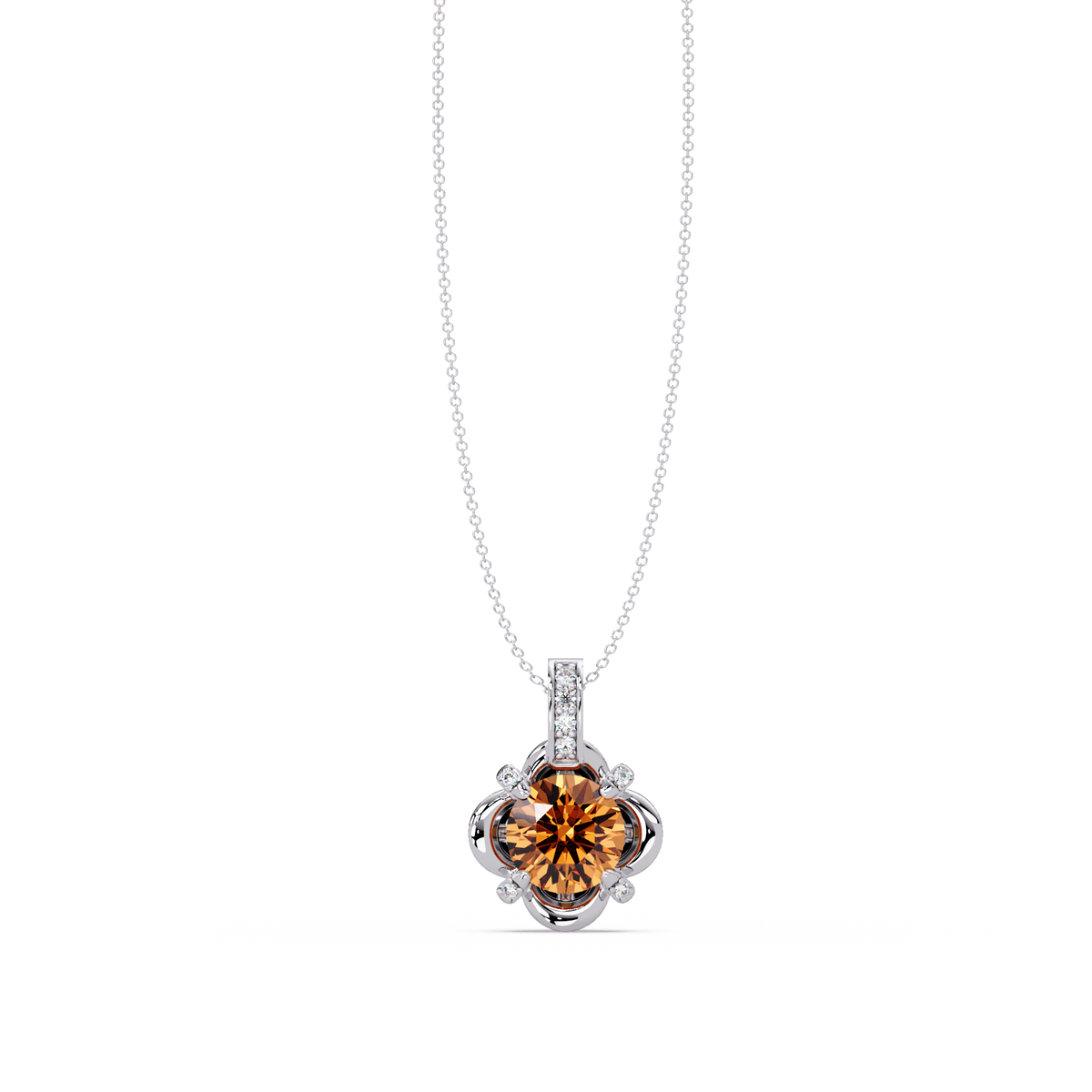 1.4 CTW Round Floral Frame Colorstone Pendant Necklace — Champagne Topaz Amber — 14K White Gold