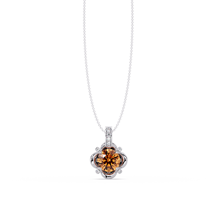 1.4 CTW Round Floral Frame Colorstone Pendant Necklace — Champagne Topaz Amber — 14K White Gold