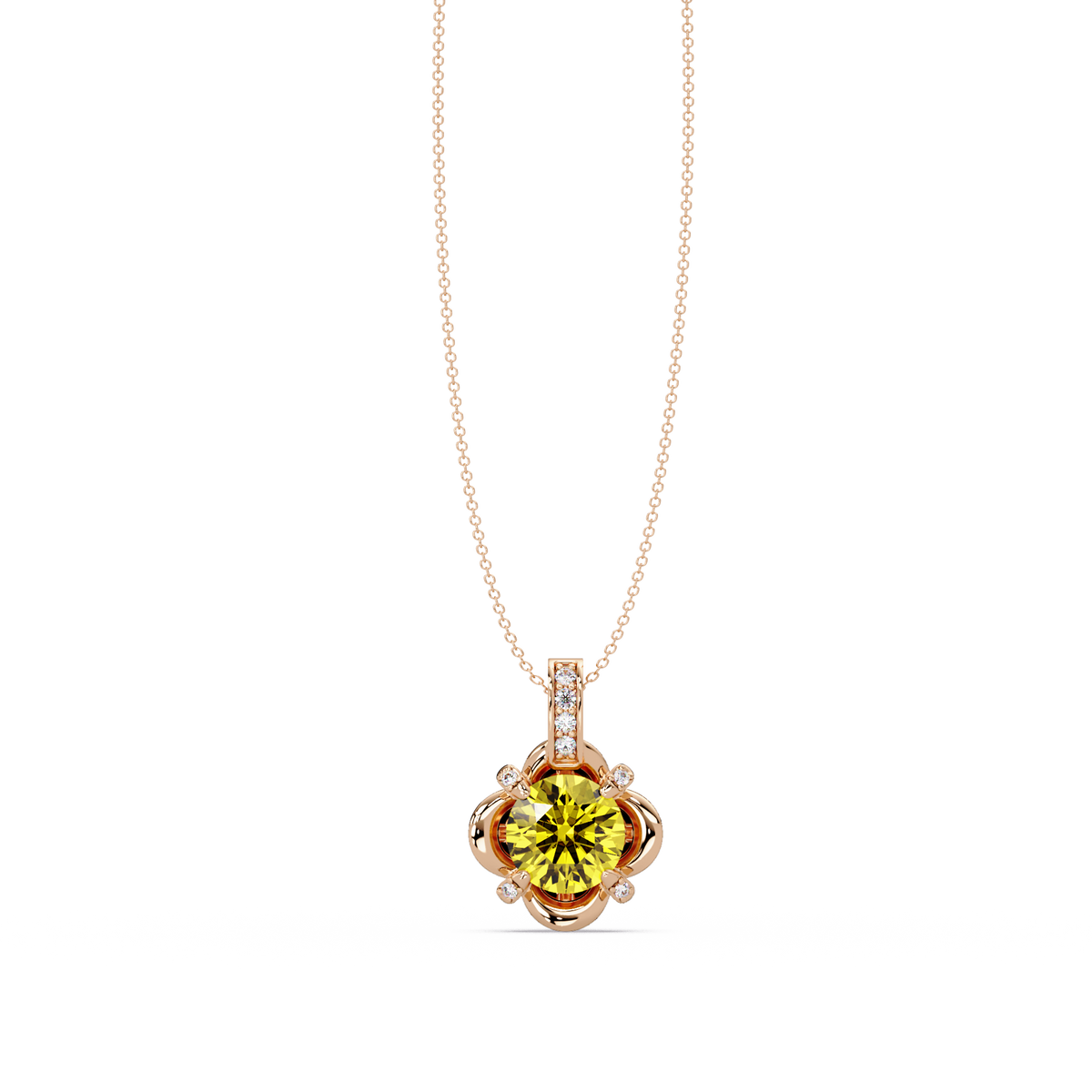 1.4 CTW Round Floral Frame Colorstone Pendant Necklace — Citrine Lemon Yellow — 14K Rose Gold