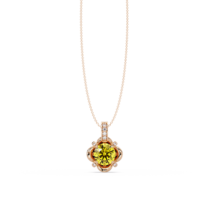 1.4 CTW Round Floral Frame Colorstone Pendant Necklace — Citrine Lemon Yellow — 14K Rose Gold