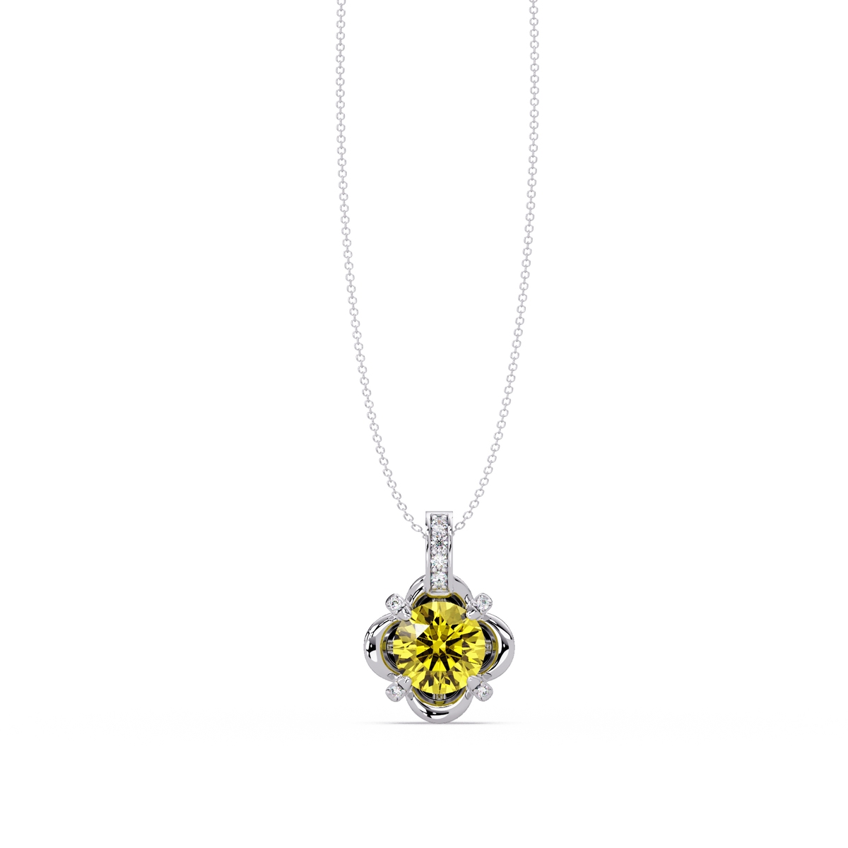 1.4 CTW Round Floral Frame Colorstone Pendant Necklace — Citrine Lemon Yellow — 14K White Gold