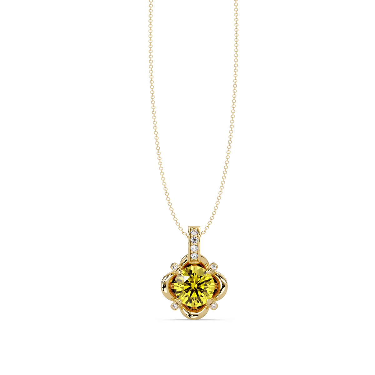 1.4 CTW Round Floral Frame Colorstone Pendant Necklace — Citrine Lemon Yellow — 14K Yellow Gold