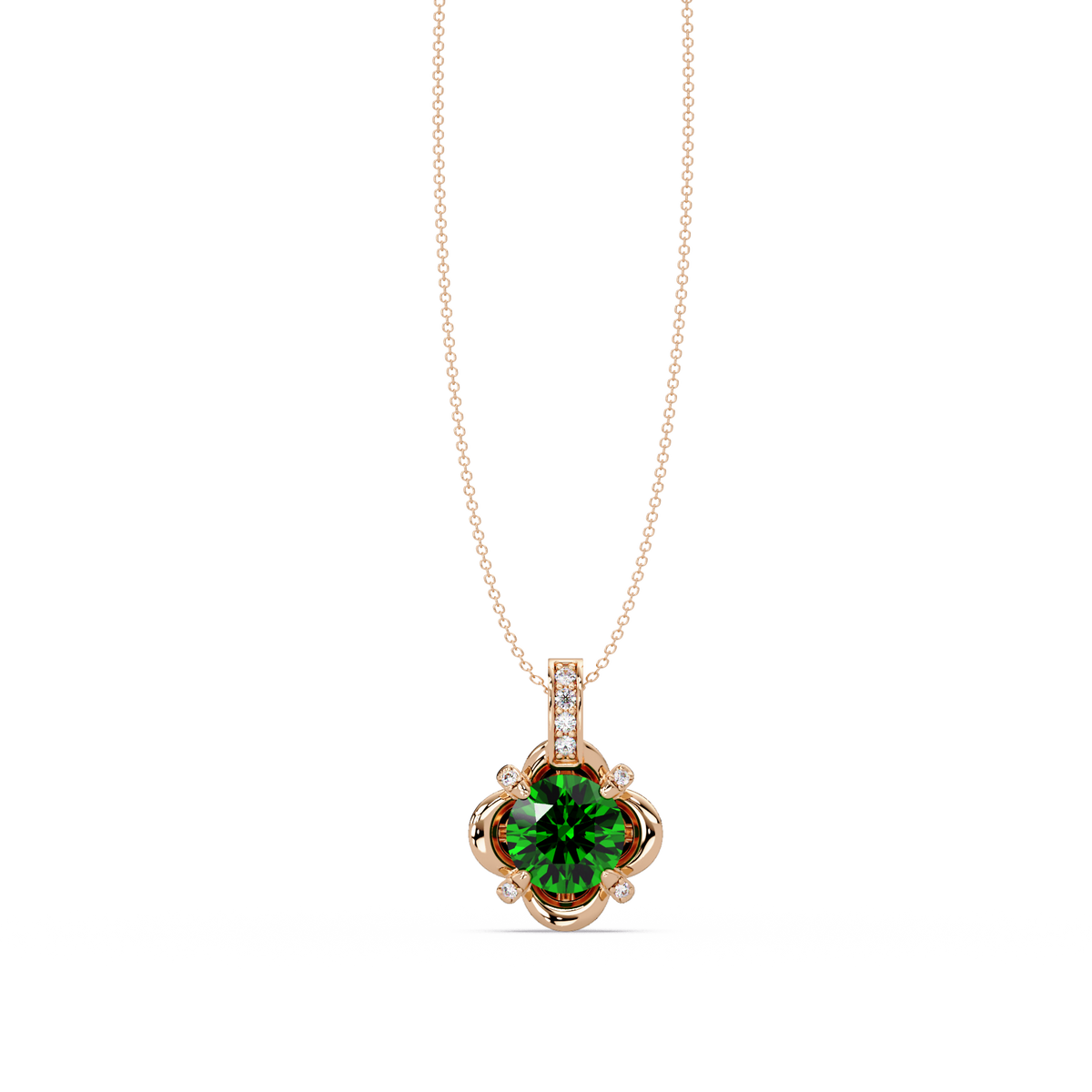 1.4 CTW Round Floral Frame Colorstone Pendant Necklace — Emerald Deep Green — 14K Rose Gold