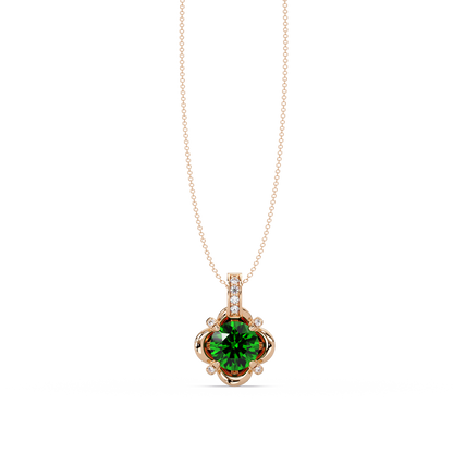 1.4 CTW Round Floral Frame Colorstone Pendant Necklace — Emerald Deep Green — 14K Rose Gold