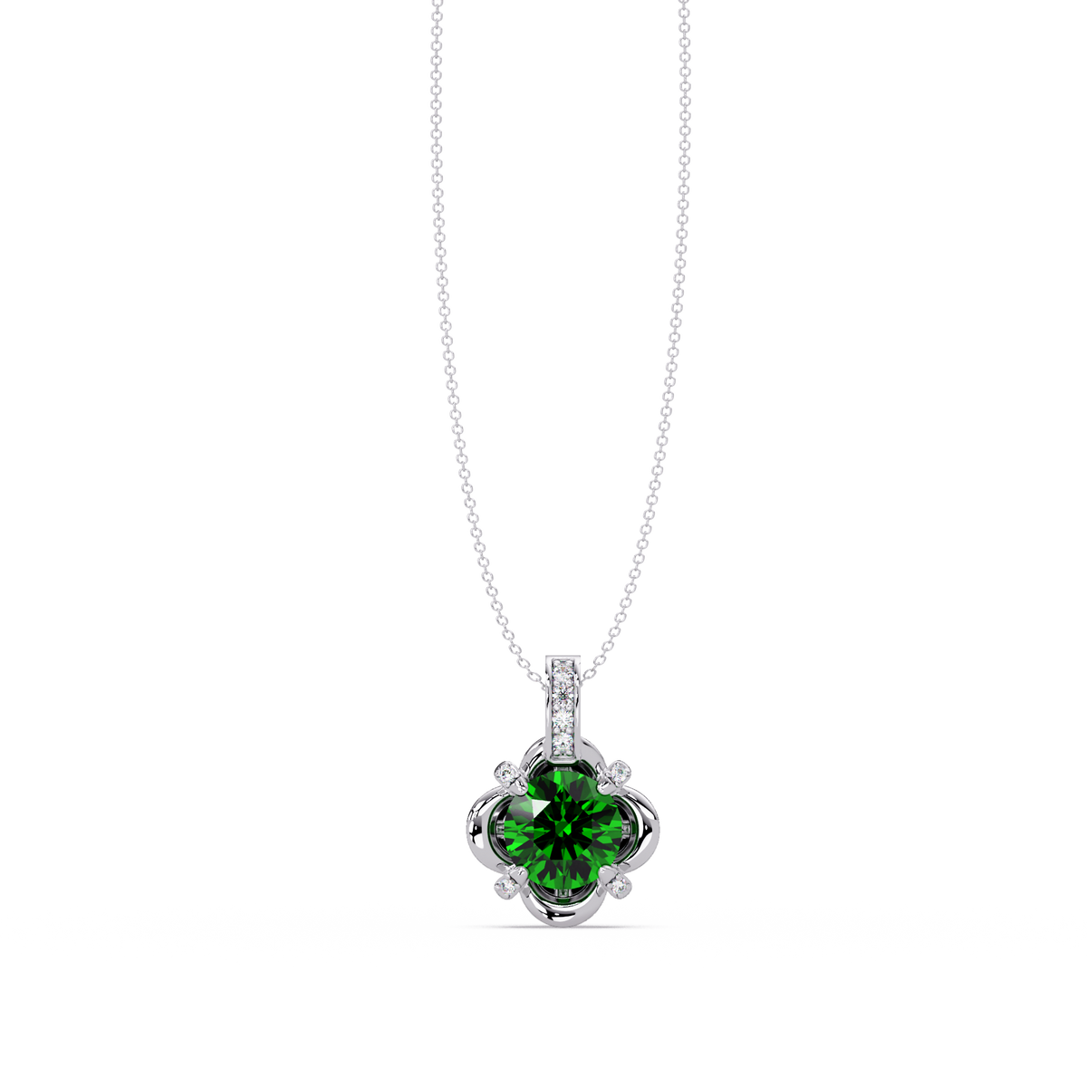 1.4 CTW Round Floral Frame Colorstone Pendant Necklace — Emerald Deep Green — 14K White Gold