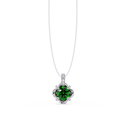 1.4 CTW Round Floral Frame Colorstone Pendant Necklace — Emerald Deep Green — 14K White Gold