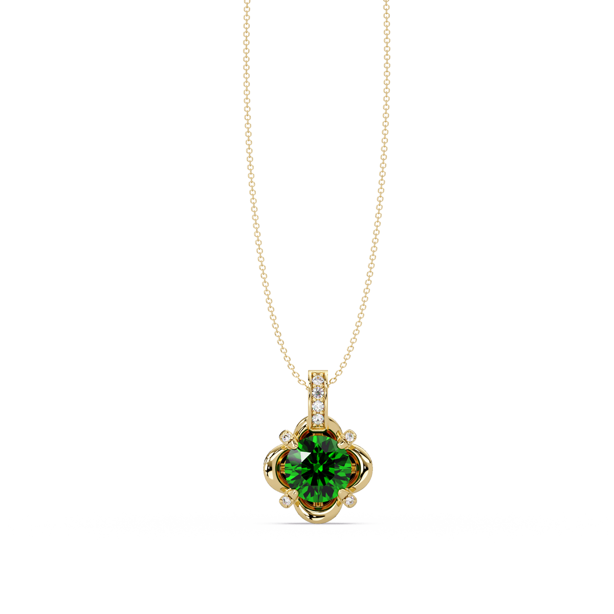 1.4 CTW Round Floral Frame Colorstone Pendant Necklace — Emerald Deep Green — 14K Yellow Gold