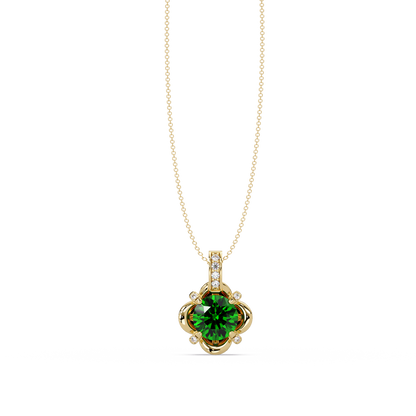 1.4 CTW Round Floral Frame Colorstone Pendant Necklace — Emerald Deep Green — 14K Yellow Gold