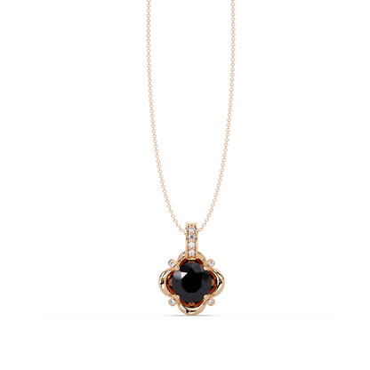 1.4 CTW Round Floral Frame Colorstone Pendant Necklace — Onyx Black — 14K Rose Gold