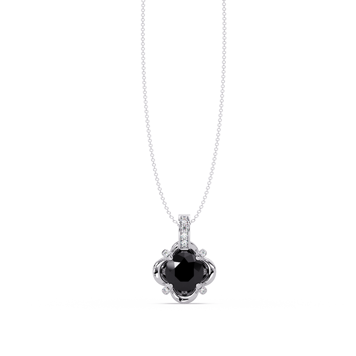 1.4 CTW Round Floral Frame Colorstone Pendant Necklace — Onyx Black — 14K White Gold