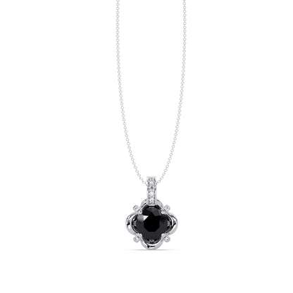 1.4 CTW Round Floral Frame Colorstone Pendant Necklace — Onyx Black — 14K White Gold